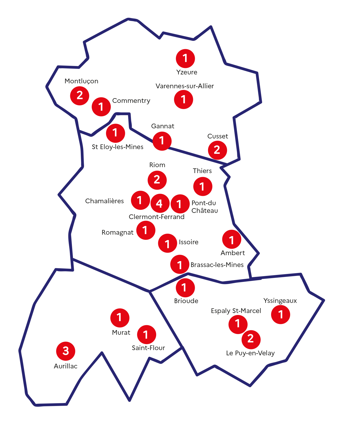 Carte des 32 bureaux d'entreprises