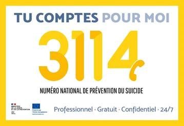 Tu comptes pour moi  31 14  Numéro national de prévention du suicide  Professionnel, gratuit, confidentiel 24/7